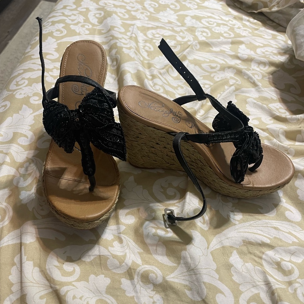 Naughty Monkey Black and Tan Wedge Sandals